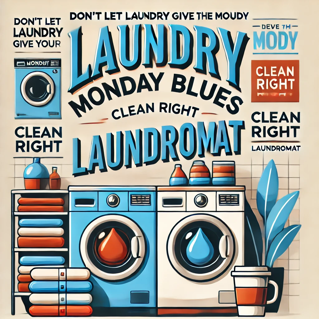 DALL·E 2025 03 24 09.48.37 A Motivational And Stylish Social Media Image Promoting A Laundromat For Monday. The Scene Includes Neatly Folded Clothes, A Coffee Cup, And Modern Wa