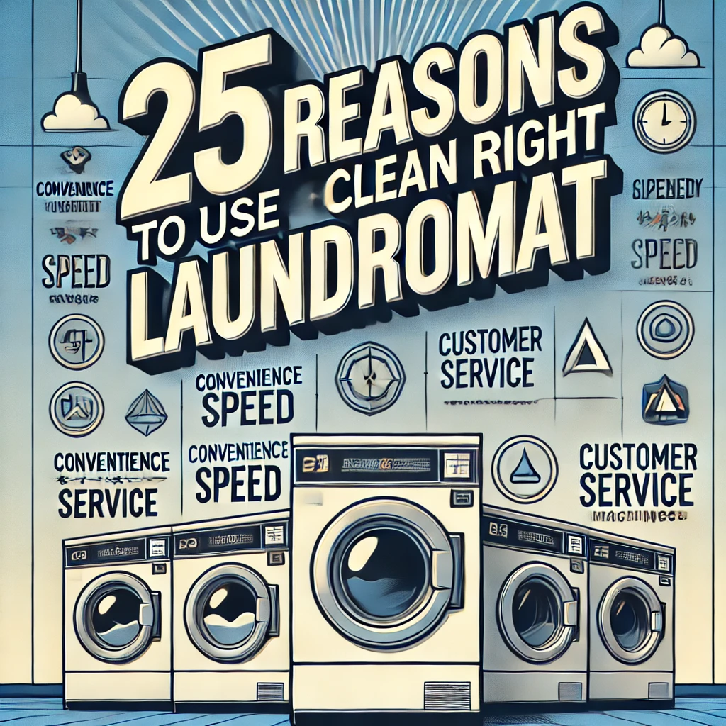 DALL·E 2025 03 19 08.05.17 A Visually Engaging Promotional Image Highlighting '25 Reasons To Use Clean Right Laundromat.' The Design Features A Clean And Modern Laundromat Backg