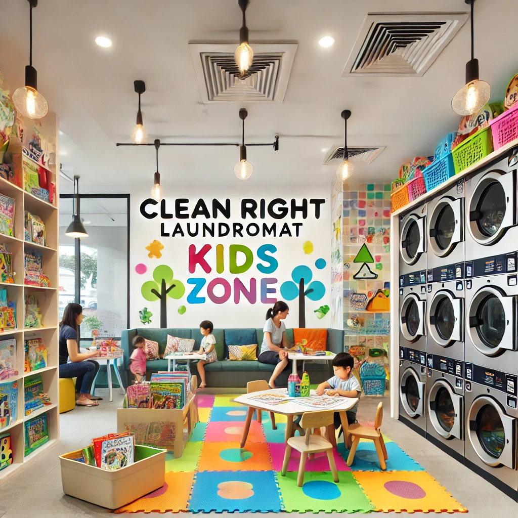 DALL·E 2025 03 21 05.58.09 A Bright And Cheerful Kids Zone Inside A Modern Laundromat. The Area Includes Colorful Play Mats, Bookshelves With Children's Books, Bins With Toys, A